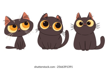 A set of flat vector illustrations in a simple children's style. Cute black cats with big eyes with different emotions