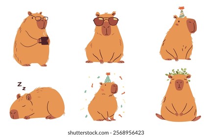 A set of flat vector illustrations in a simple children's style. Cute capybaras in different poses, meditates, wearing sunglasses, office worker and others 