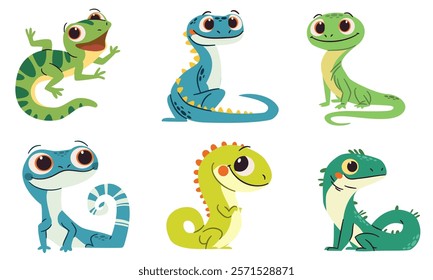 Set of flat vector illustrations in simple child style on white background. Cute lizards with big eyes