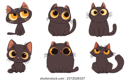 A set of flat vector illustrations in a simple children's style. Cute black cats with big eyes with different emotions