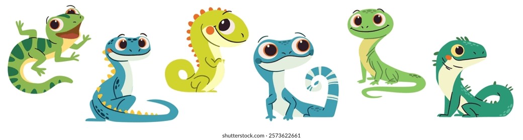 Set of flat vector illustrations in simple child style on white background. Cute lizards with big eyes