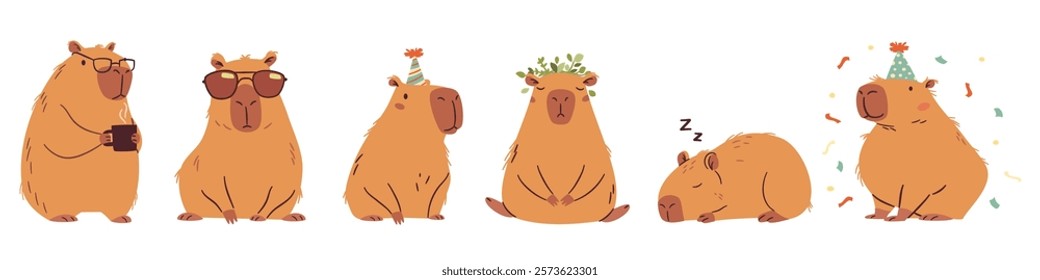 A set of flat vector illustrations in a simple children's style. Cute capybaras in different poses, meditates, wearing sunglasses, office worker and others 