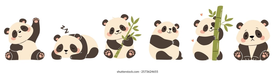 A set of flat vector illustrations in a simple children's style. Cute pandas in different poses. Sleeping, with bamboo, funny and sad on a white background 