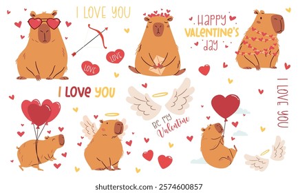 A set of flat vector illustrations in a simple children's style on the theme of valentine's day. Cute capybaras with hearts and wings on white background, captions