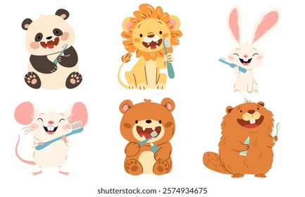 A set of flat vector illustrations in a simple children's style. Cute panda bear bunny bunny mouse lion and beaver brushing teeth, holding toothbrushes. Oral hygiene