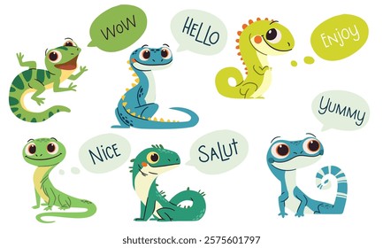 Set of flat vector illustrations in simple child style on white background. Cute lizards with big eyes, speech bubbles with lettering