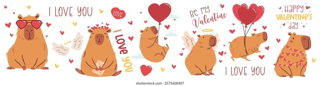 A set of flat vector illustrations in a simple children's style on the theme of valentine's day. Cute capybaras with hearts and wings on white background, captions