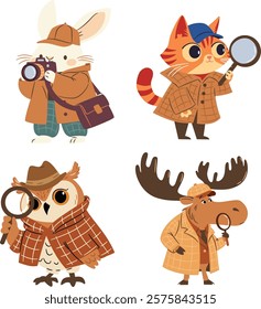 A set of flat vector illustrations in a simple children's style. Cute animal detectives with camera and magnifying glass, moose, cat, hare and owl
