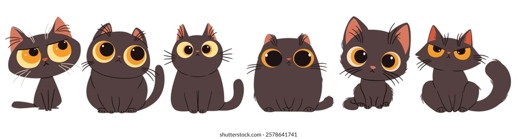 A set of flat vector illustrations in a simple children's style. Cute black cats with big eyes with different emotions