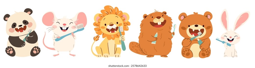 A set of flat vector illustrations in a simple children's style. Cute panda bear bunny bunny mouse lion and beaver brushing teeth, holding toothbrushes. Oral hygiene