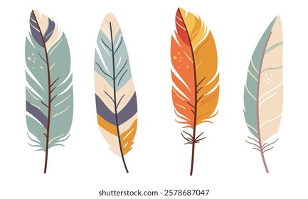 A set of flat vector illustrations in a simple style. Cute colorful feathers on a white background