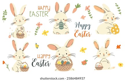 A set of flat vector illustrations in a simple children's style and lettering on the theme of Easter. Cute bunnies and rabbits holding baskets with Easter eggs