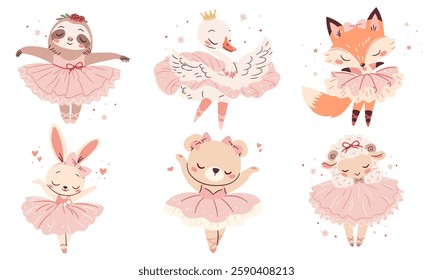 A set of flat vector illustrations in a simple children's style. Cute animals doing ballet, rabbit sheep bear swan, sloth, bird cub and fox in pink ballet tutus 