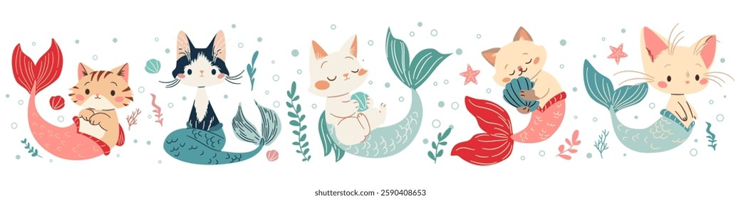 A set of flat vector illustrations in a simple children's style. Cute mermaid cats with fish tails, shells, seaweed and starfish