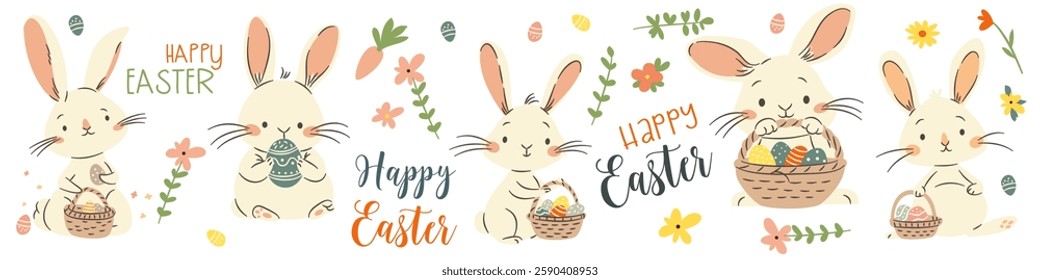 A set of flat vector illustrations in a simple children's style and lettering on the theme of Easter. Cute bunnies and rabbits holding baskets with Easter eggs