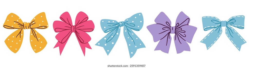 A set of flat vector illustrations in a simple style. Cute colorful bows on a white background