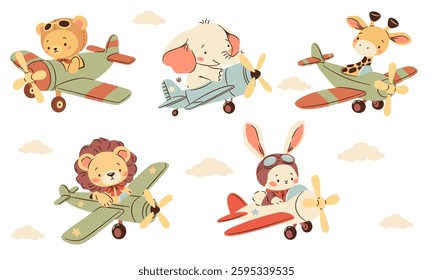 A set of flat vector illustrations in a simple children's style. Cute animals flying on airplanes. Bear elephant lion cub giraffe and hare pilots 