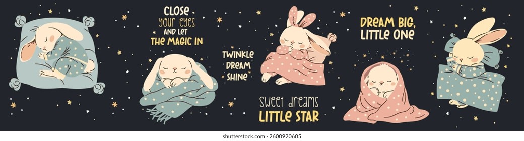 A set of flat vector illustrations in a simple children's style. Cute bunnies in pajamas sleeping on a pillow, the night and the stars, inscription 