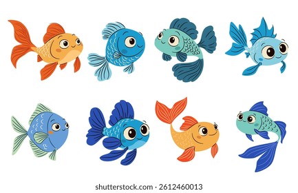 Set of flat vector illustrations in simple child style on white background. Cute aquarium fish of different colors 