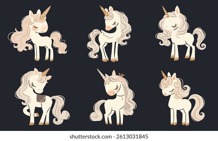 A set of flat vector illustrations in a simple childish style. Cute unicorns and pegasi on dark background
