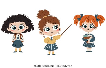 A set of flat vector illustrations in a simple children's style. Cute schoolgirls with textbooks and pointing pointer on white background