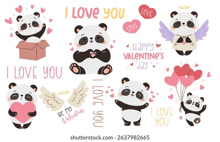 A set of flat vector illustrations in a simple children's style. Cute illustrations for valentine's day. Cute pandas with hearts, flying on balloons and jumping out of a box, inscriptions i love you a