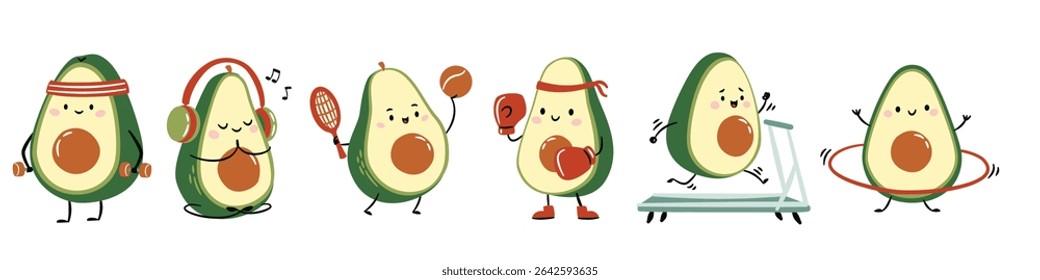 A set of flat vector illustrations in a simple children's style. Cute avocados with muzzles hands and feet are playing sports