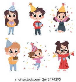 A set of flat vector illustrations in a simple children's style. Cute kids celebrating birthday, jumping and having fun