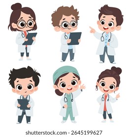 A set of flat vector illustrations in a simple children's style. Cute children in doctors costume, boys and girls on white background