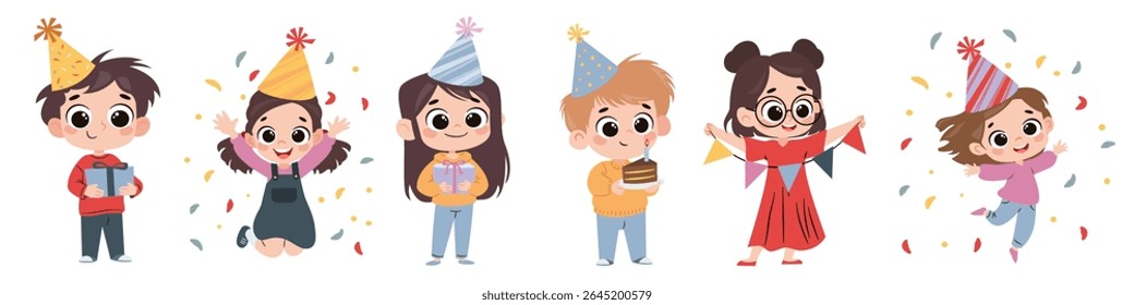 A set of flat vector illustrations in a simple children's style. Cute kids celebrating birthday, jumping and having fun