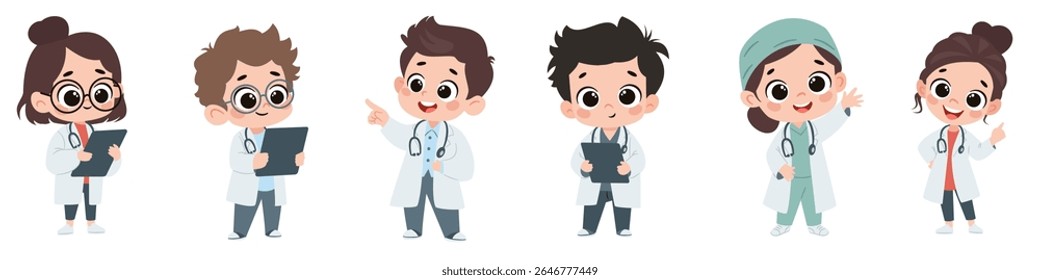A set of flat vector illustrations in a simple children's style. Cute children in doctors costume, boys and girls on white background