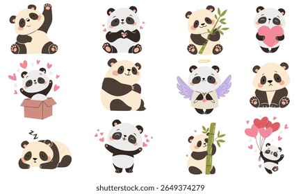 A set of flat vector illustrations in a simple children's style. Cute pandas in different poses. Sleeping, with bamboo, funny and sad on a white background 