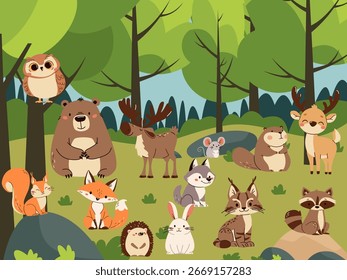 Um conjunto de ilustrações vetoriais planas em um estilo simples e infantil. Animais lindos da floresta contra um fundo da paisagem da floresta. 
