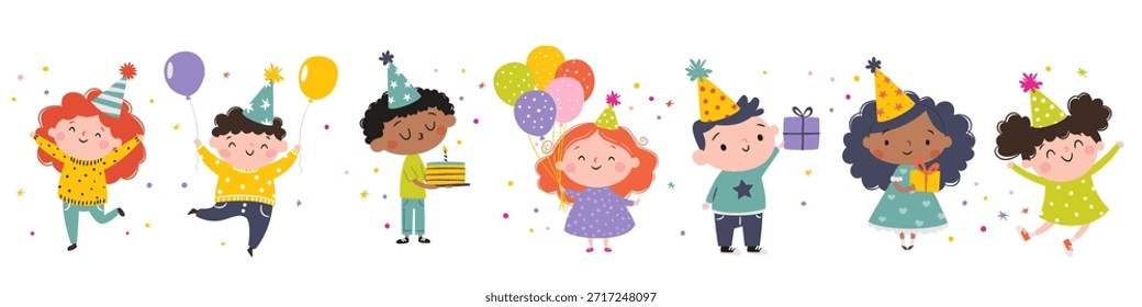 A set of flat vector illustrations in a simple children's style. Cute boys and girls celebrating their birthday with balloons and cake.