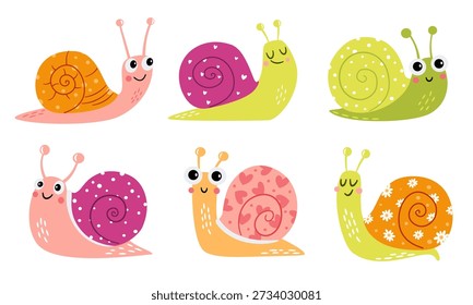 A set of flat vector illustrations in a simple children's style. Cute snails of different colors