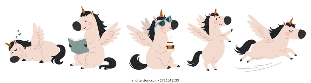 A set of flat vector illustrations in a simple children's style. Cute unicorns in different poses, reading a book, drinking coffee, running, and sleeping.