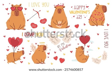 A set of flat vector illustrations in a simple children's style on the theme of valentine's day. Cute capybaras with hearts and wings on white background, captions
