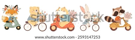 A set of flat vector illustrations in a simple children's style. Cute animals riding on bicycle and scooter with bouquets of flowers and wreaths. Bear hare raccoon cat and fox. Spring illustrations 