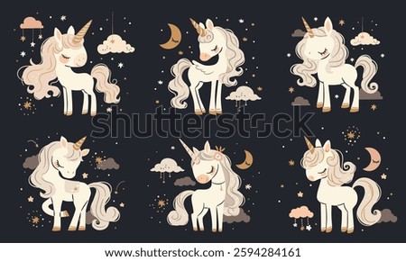 A set of flat vector illustrations in a simple childish style. Cute unicorns and pegasi on dark background, clouds and stars
