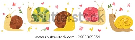 A set of flat vector illustrations in a simple children's style. Cute snails of different colors, hearts, flowers and daisies 