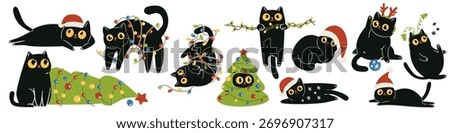 A set of flat vector illustrations in a simple style. Cute black cats wearing Santa Claus hats and tangled up in New Year's garlands in various poses on a white background. 