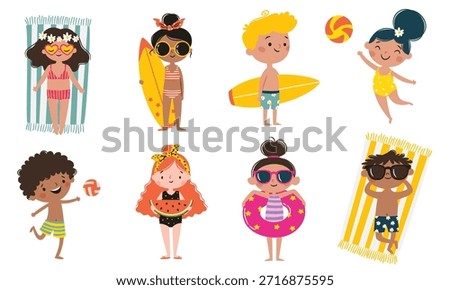 A set of flat vector illustrations in a simple children's style. Cute boys and girls on a beach vacation in different poses on a white background. 