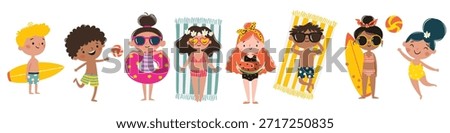 A set of flat vector illustrations in a simple children's style. Cute boys and girls on a beach vacation in different poses on a white background. 