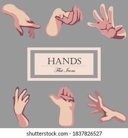 Set of flat vector illustrations of six different positions of hand palms 