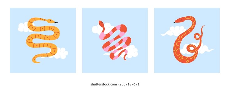 Set of flat vector illustrations with snakes and clouds in oriental asian style. Greeting cards with symbol of lunar new year