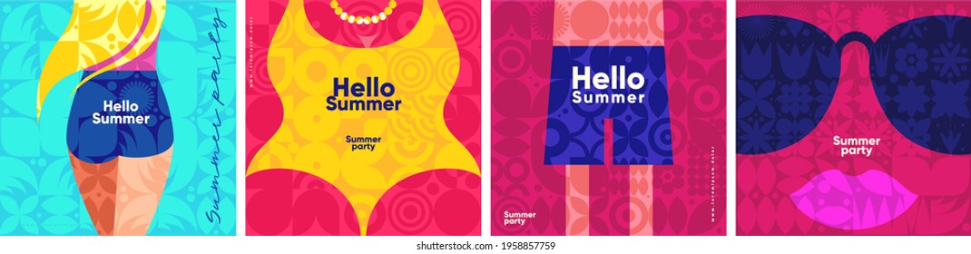  A set of flat vector illustrations. Summer time, background patterns on the theme of summer, vacation, weekend, beach. Perfect background for posters, cover art, flyer, banner.