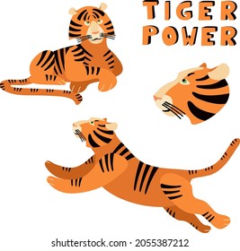 Set of flat vector illustrations with tiger.Lying and jumping orange tigers, tiger head and letters.Chinese new year 2022 symbol.Isolated cartoon animals for prints,decoration,stickers,fabrics,design