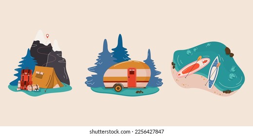 A set of flat vector illustrations of vacations in nature, in the mountains, on the lake. The concept of hiking, tourism, mountaineering. Cartoon style illustration.
