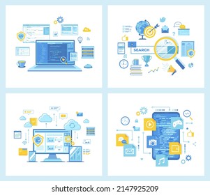 Set of flat vector illustrations for Web Development Programming Coding. Web search technology, Search engine, SEO. Cloud storage, Computing. Mobile App Development. Concept for websites.