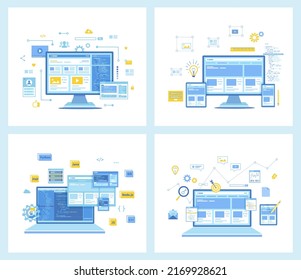 Set of flat vector illustrations for Web development, Optimization, Web Design, Backend Development, Coding, Software Engineering. Concept for websites.
